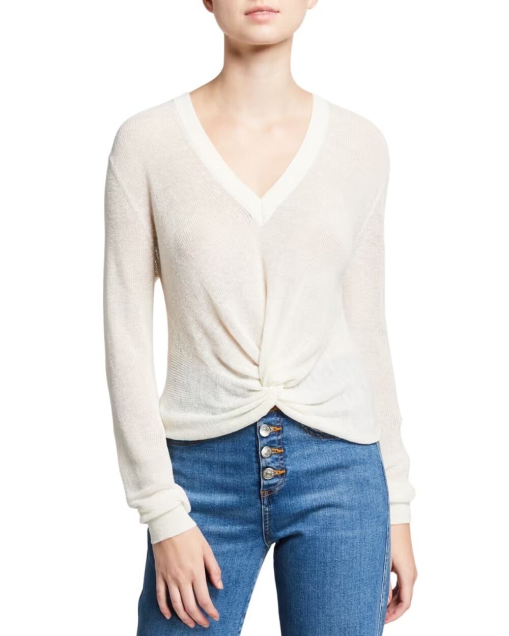 Veronica Beard Jeans White Soren Linen Blend V-neck Front Twist Sweater Small